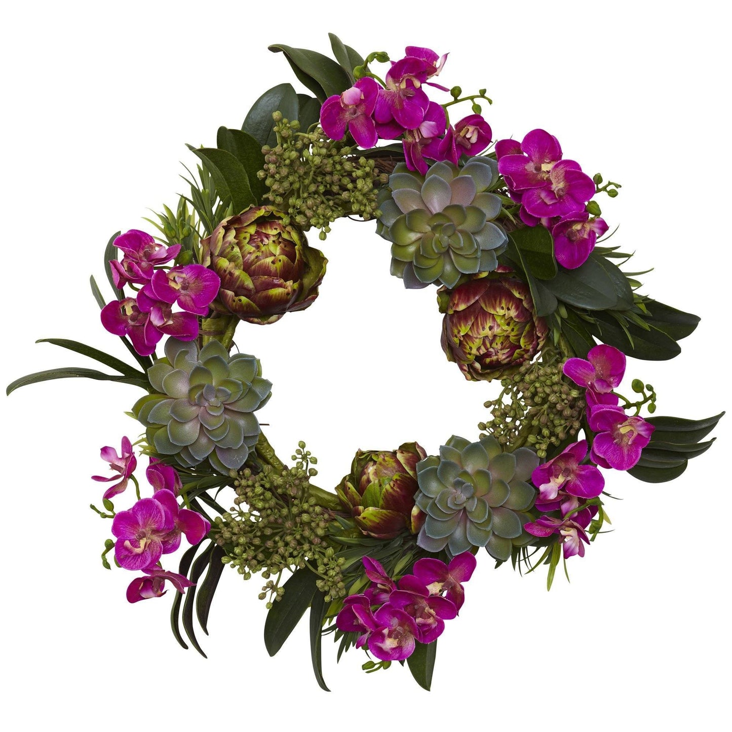 20” Orchid, Artichoke & Succulent Wreath by Nearly Natural