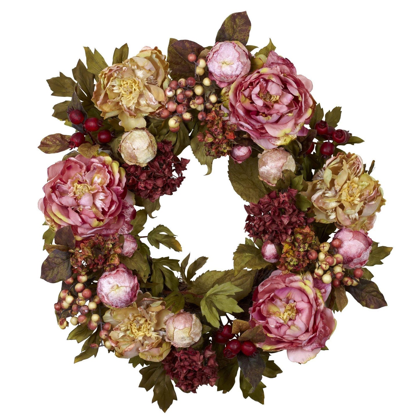 24" Peony Hydrangea Wreath" by Nearly Natural