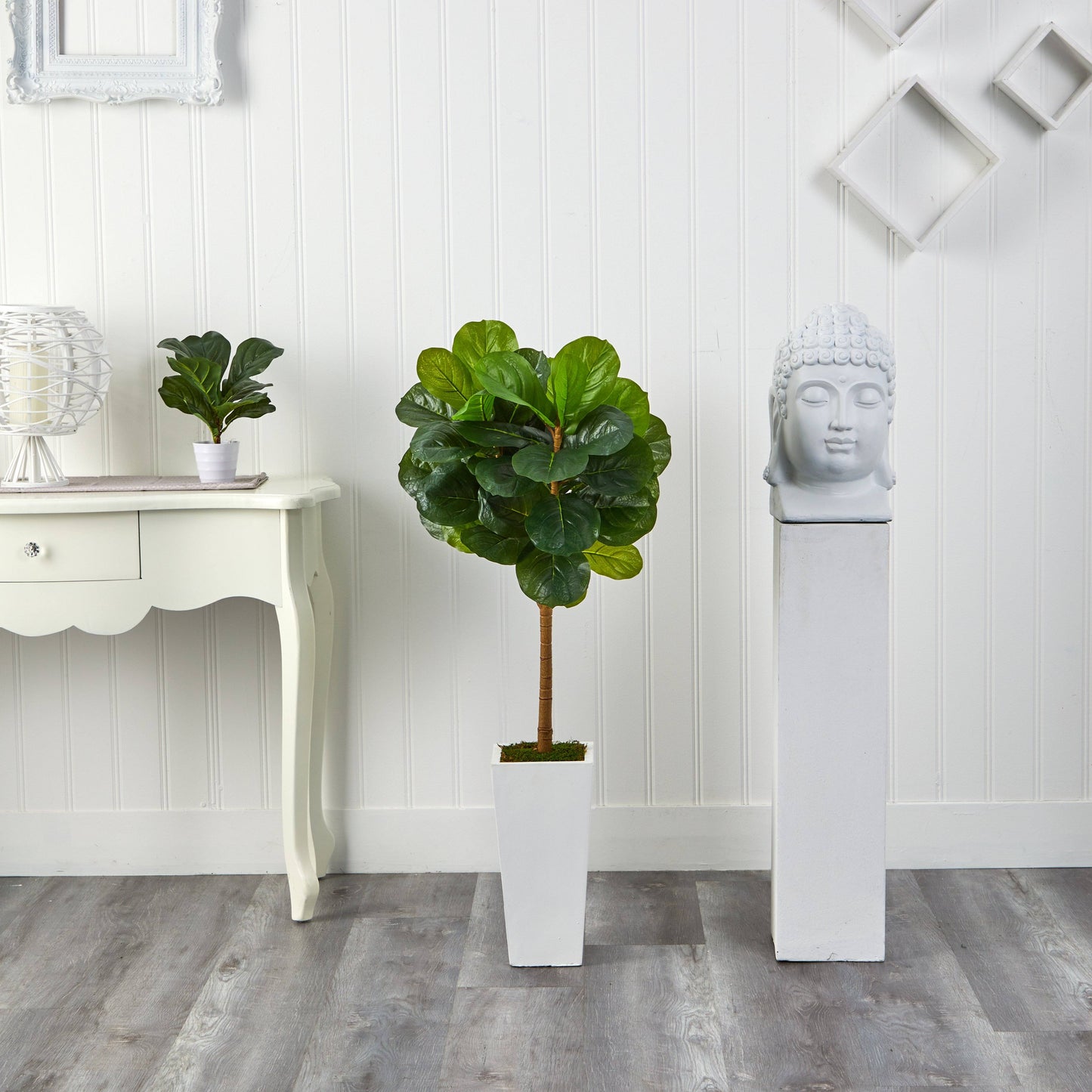 4’ Fiddle Leaf Artificial Tree in White Tower Planter by Nearly Natural