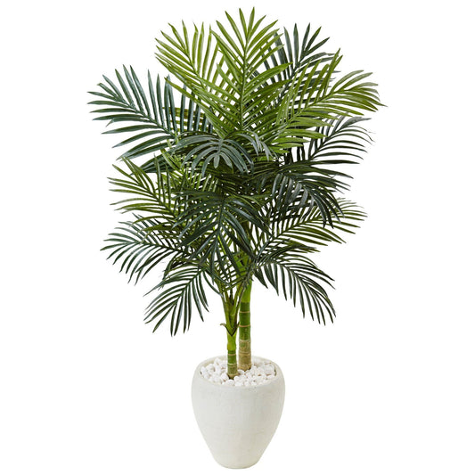4.5’ Golden Cane Palm Tree in White Oval Planter by Nearly Natural