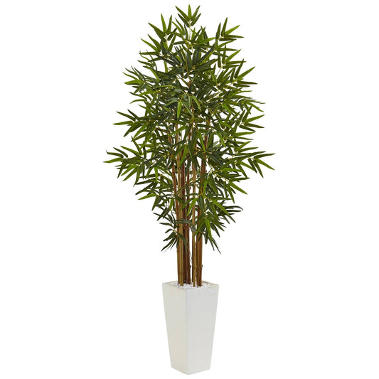5’ Bamboo Tree in White Tower Planter by Nearly Natural