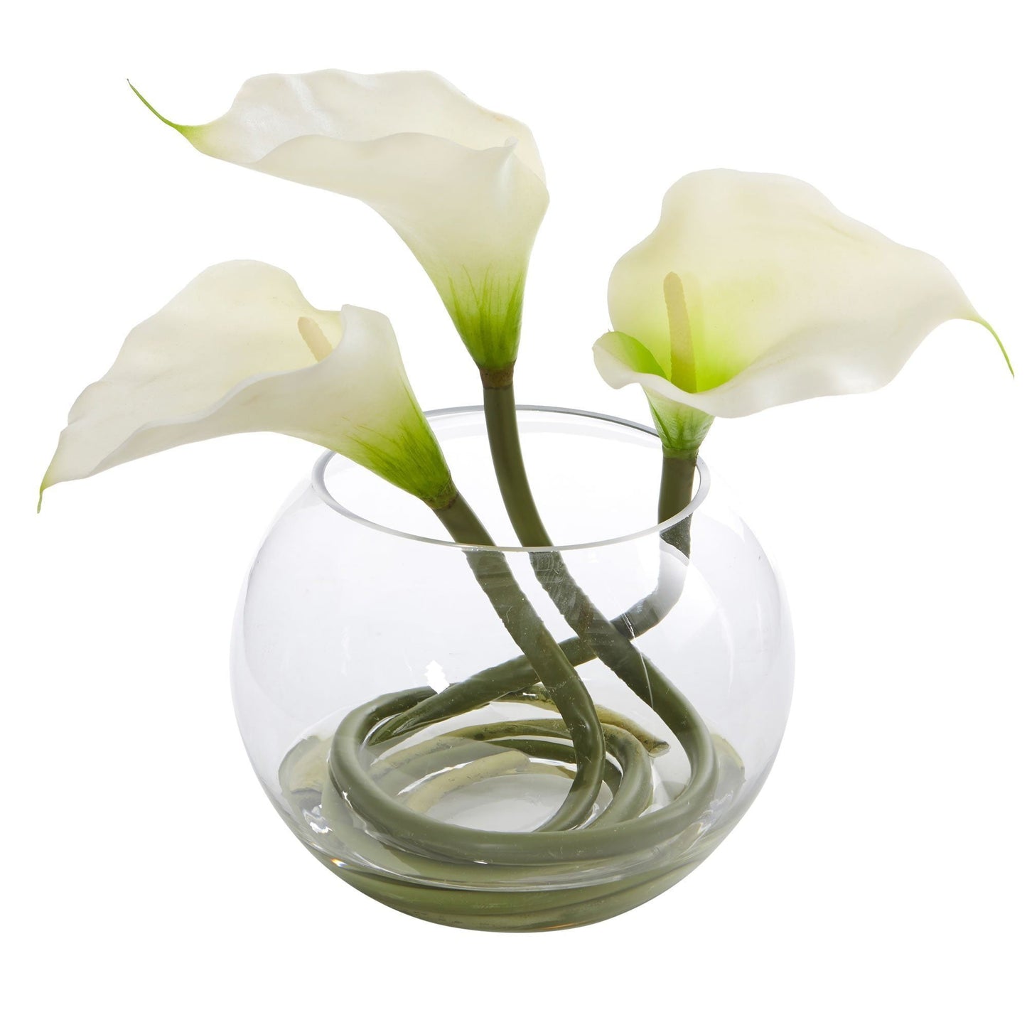 9’’ Calla Lily Artificial Arrangement in Rounded Glass Vase by Nearly Natural