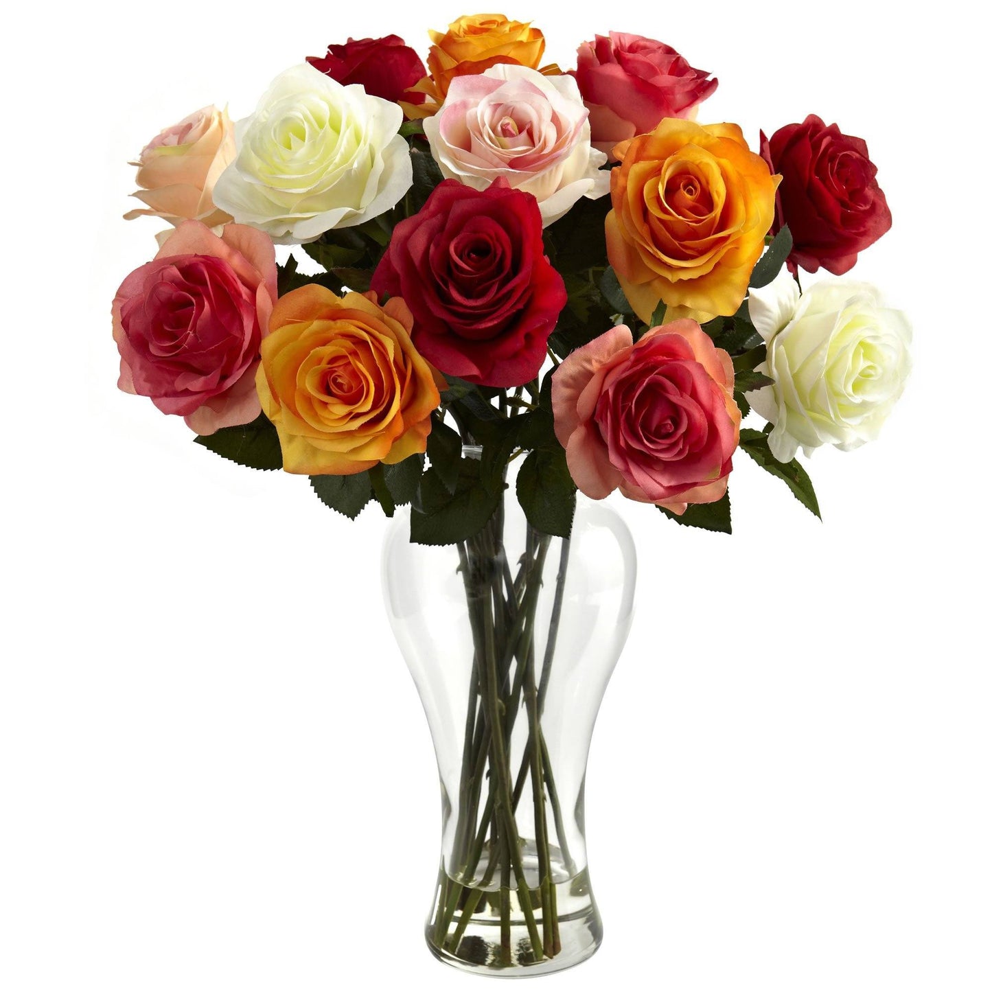 Assorted Blooming Roses w/Vase by Nearly Natural