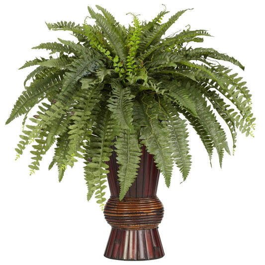 Boston Fern w/Bamboo Vase Silk Plant by Nearly Natural