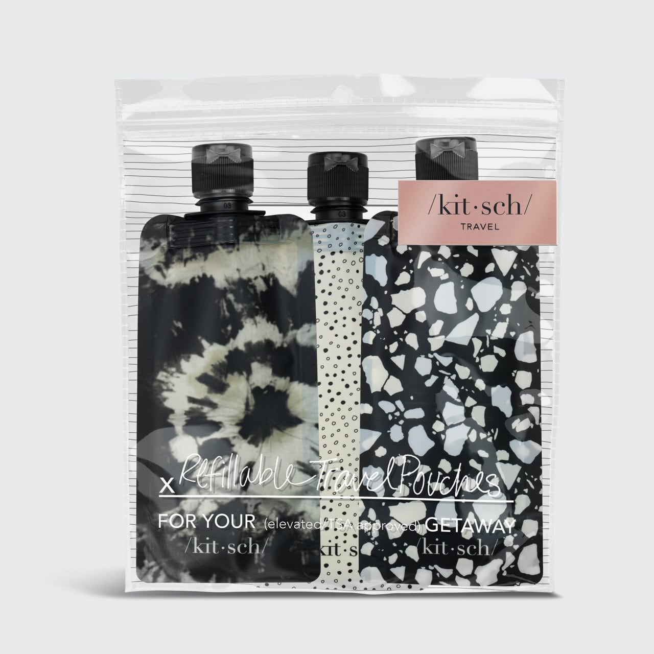 Refillable Travel Pouch 3pc set - Black & Ivory by KITSCH
