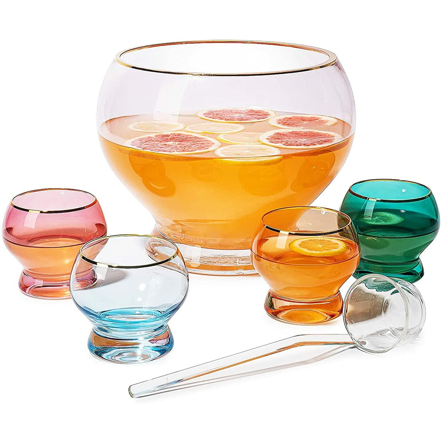 Colorful 3 Gallon Punch Bowl with 4 10oz Glasses Set & Ladle - by The Wine Savant