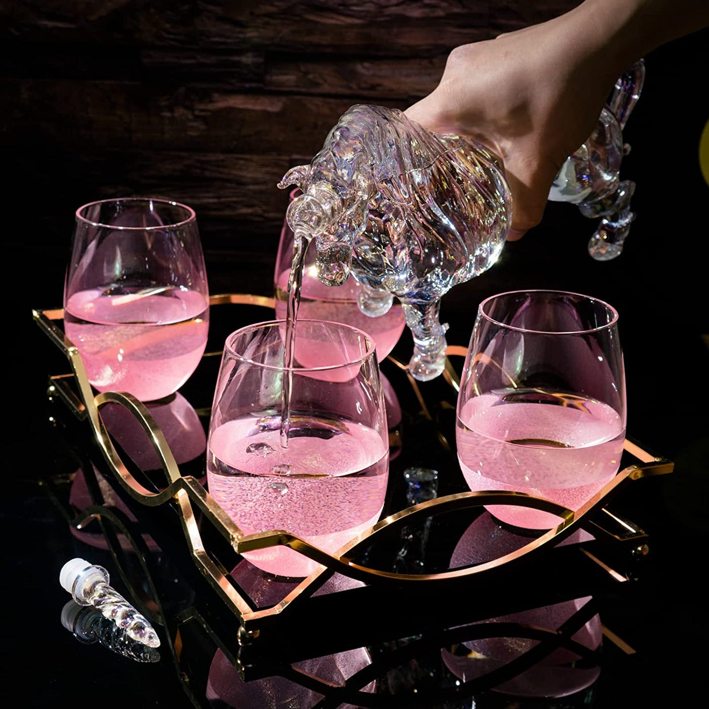 Iridescent Unicorn Decanter Set w/ 4 Pink Sparkle Glasses - by The Wine Savant