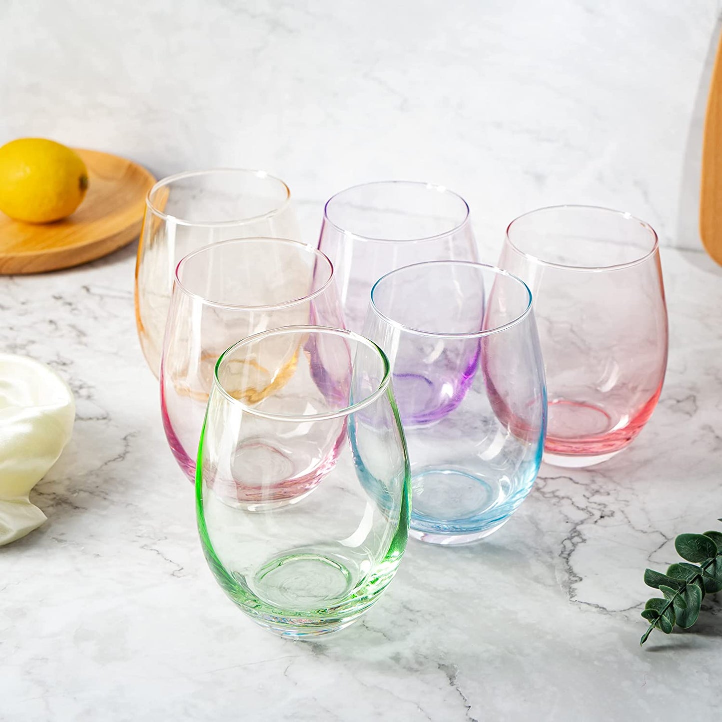 Colored Stemless Wine Glasses 12 oz (Set of 6) - by The Wine Savant