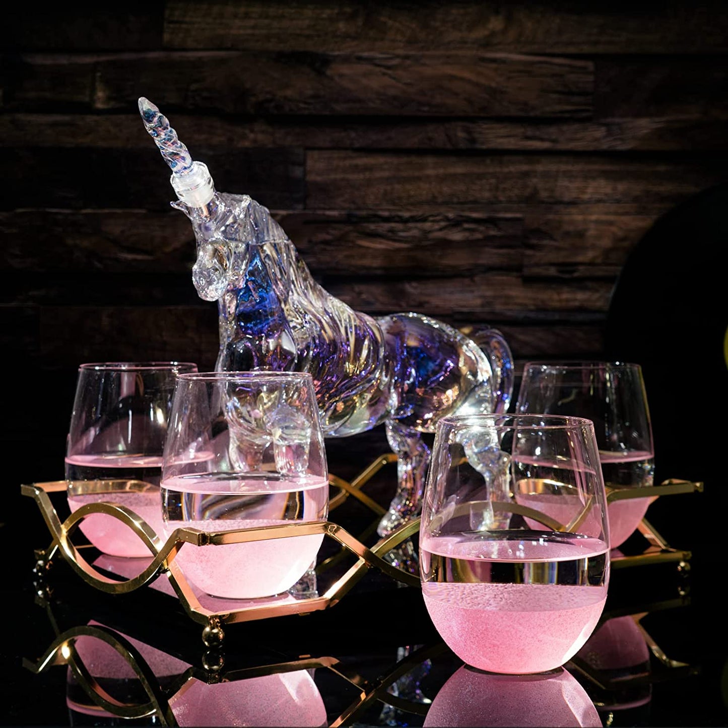 Iridescent Unicorn Decanter Set w/ 4 Pink Sparkle Glasses - by The Wine Savant
