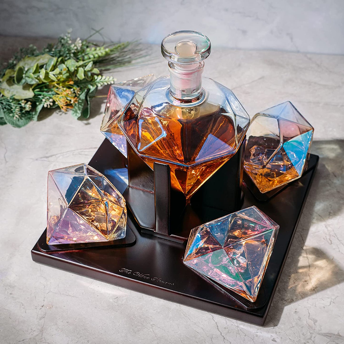 Iridescent Diamond Decanter 750ml w/ 4 Diamond Glasses & Wooden Holder - by The Wine Savant