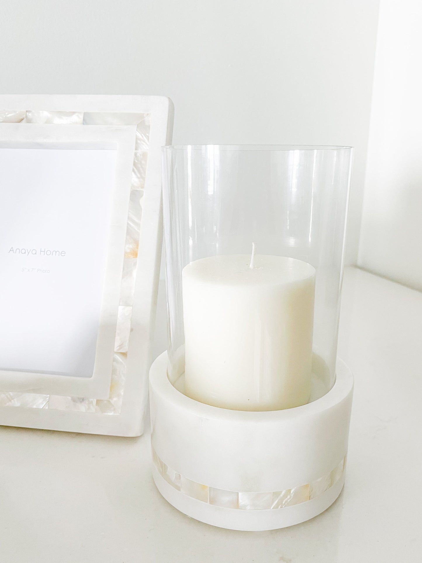 White Marble Hurricane Candle Holder with Mother of Pearl Stripe by Anaya