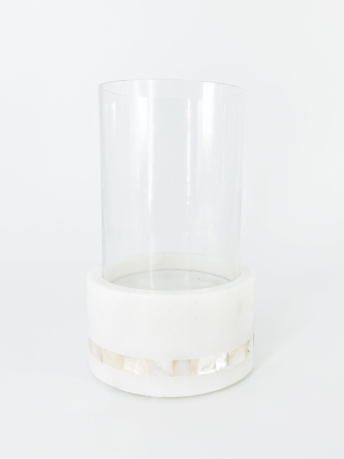 White Marble Hurricane Candle Holder with Mother of Pearl Stripe by Anaya