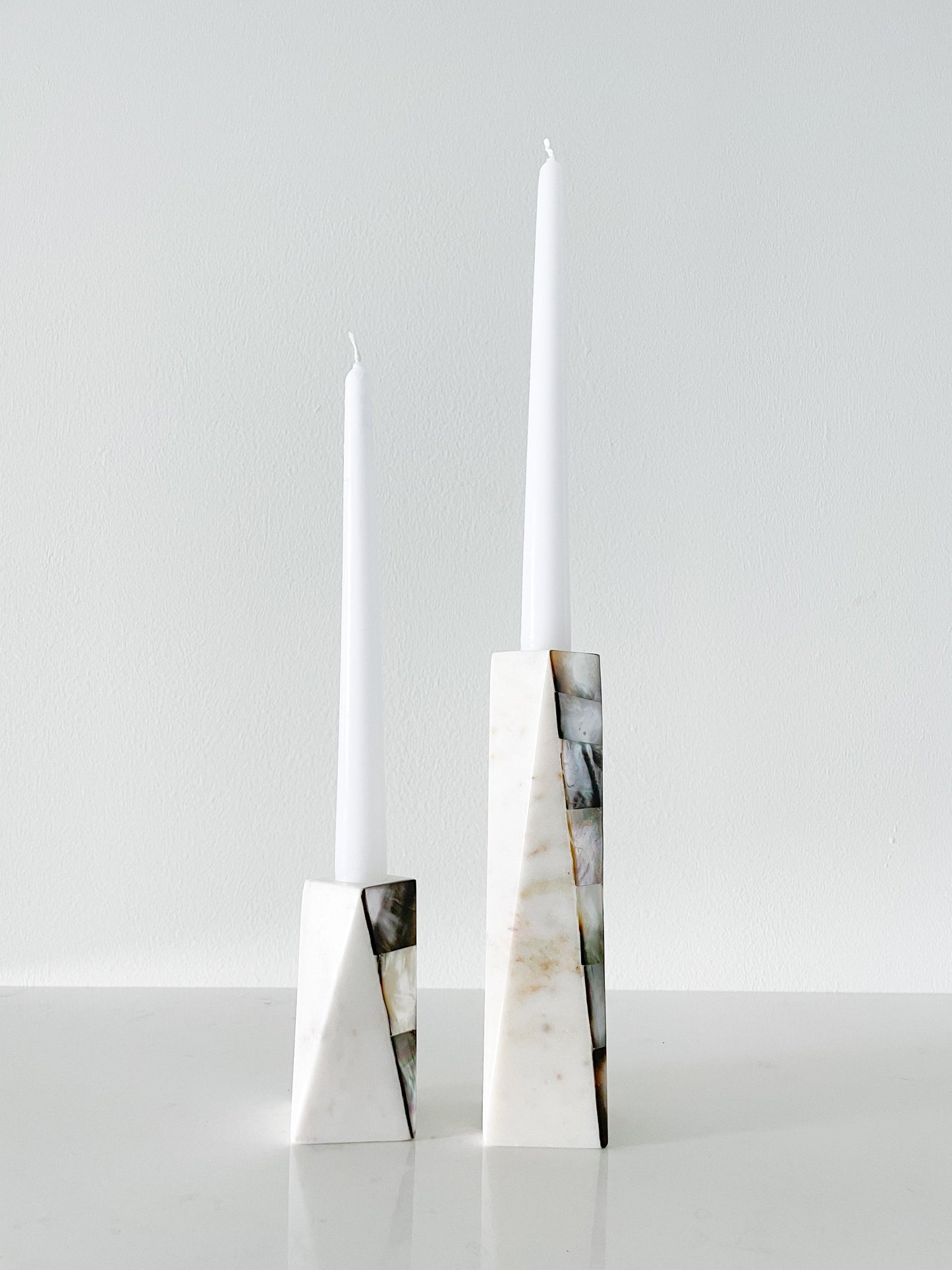 White Marble Grey Mother of Pearl Candle Holders by Anaya