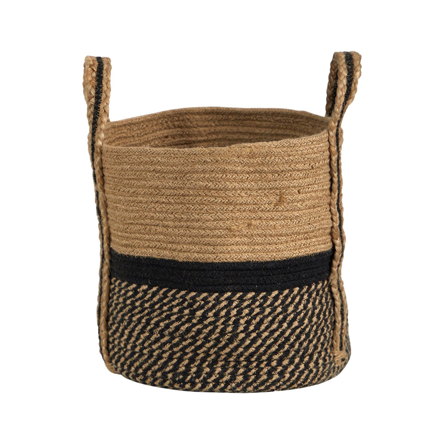 13" Boho Chic Basket Natural Jute Basket Planter, Black Bottom Natural Top with Handles" by Nearly Natural