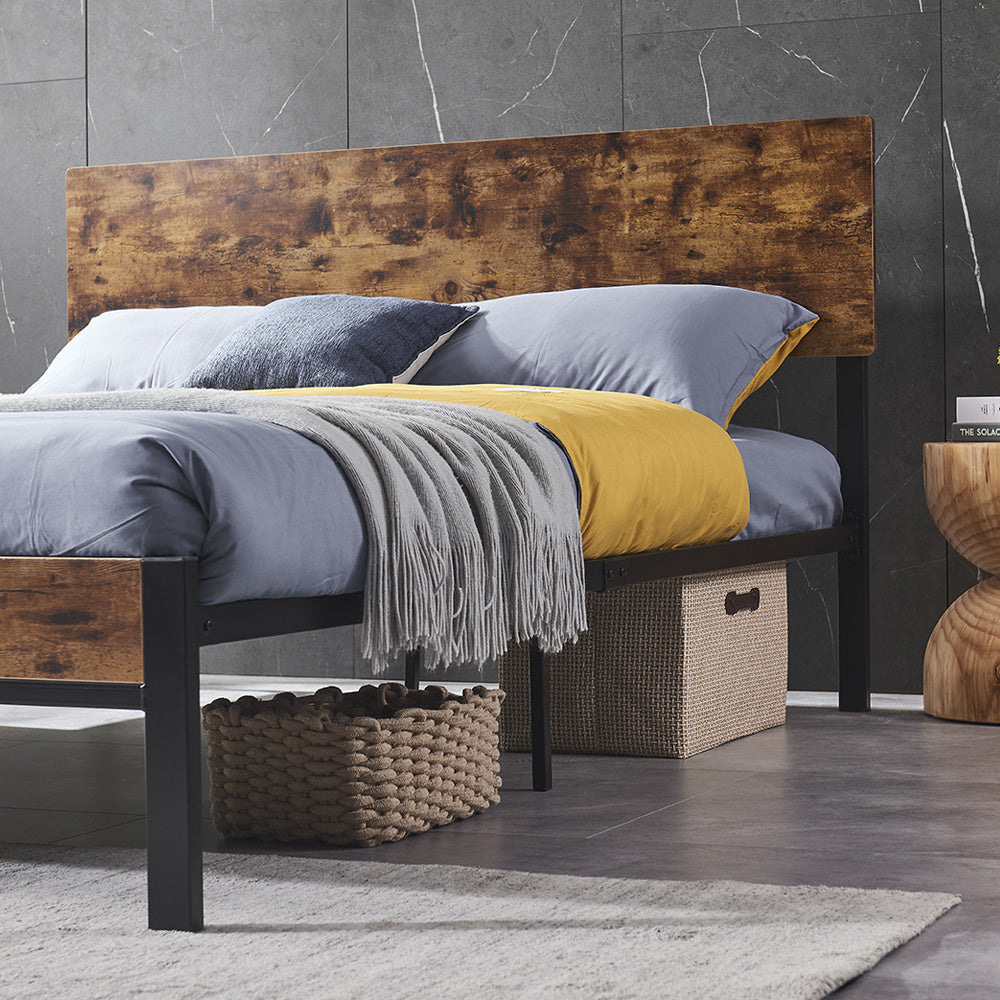Full Size Metal Platform Bed Frame with Wooden Headboard and Footboard by Blak Hom